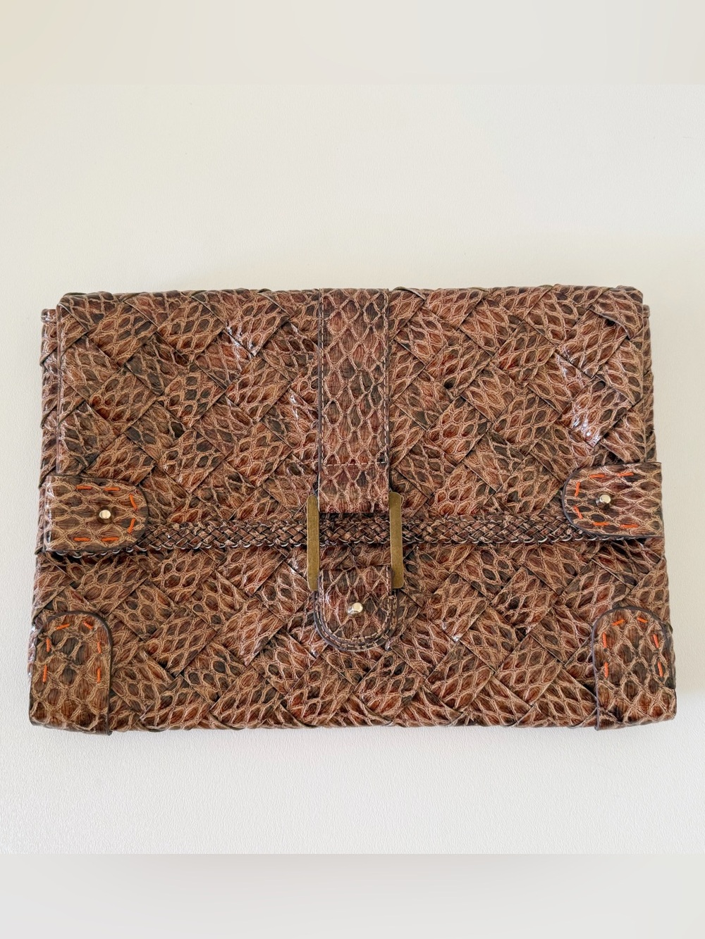 Jessica Simpson Bag Clutch Woven Snake Retro Brown Tan Medium